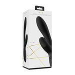 Kyra svart silikon rabbitvibrator med pulserende klitorisstimulator, vist i hvit og gull eske.