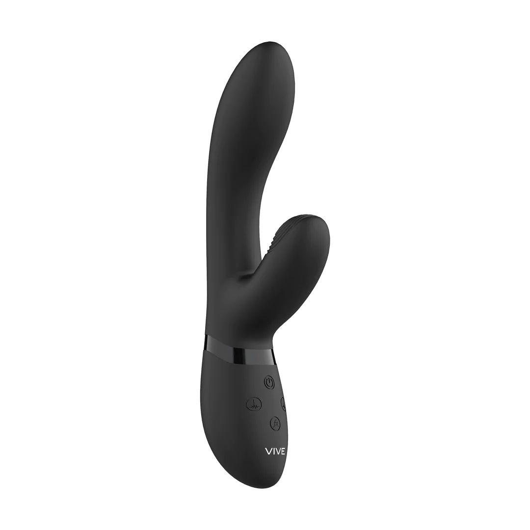 Svart Kyra rabbitvibrator i medisinsk silikon med pulserende klitorisstimulator og G-punkt vibrasjon.