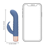Blå silikon mini rabbitvibrator med rosegullbase, 14,3 cm lang, ved siden av en telefon for størrelsesreferanse.