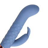 Blå Loveline Mini Rabbitvibrator i medisinsk silikon med rosegullbase og mønstret overflate.