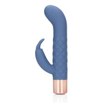 Blå silikon mini rabbitvibrator med teksturert skaft, buet klitorisstimulator og rosegullbase.