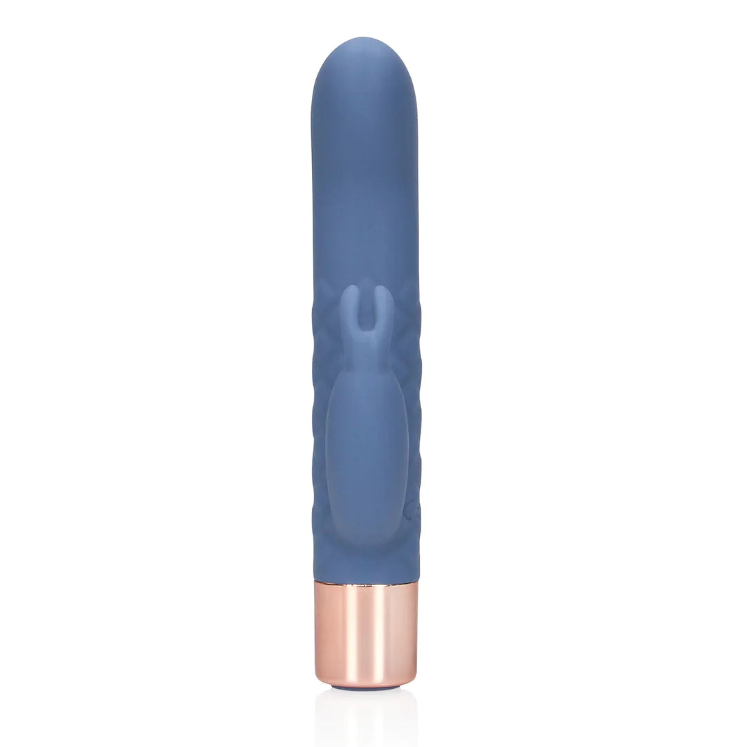 Blå silikon mini rabbitvibrator med rosegullbase for dobbel stimulering.