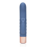 Blå silikon mini rabbitvibrator med rosegullbase for dobbel stimulering.