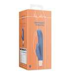 Loveline Mini Rabbit Vibrator i støvete blå silikon med rosegullbase, vist i emballasje.