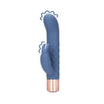 Blå silikon mini rabbitvibrator med teksturert skaft, rosegullbase og vibrasjonsbølger.