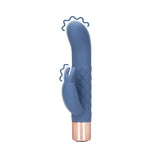 Blå silikon mini rabbitvibrator med teksturert skaft, rosegullbase og vibrasjonsbølger.
