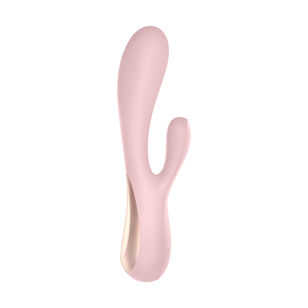 Lys rosa Satisfyer Mono Flex rabbitvibrator i silikon med dobbel stimulering og gullfarget detalj.
