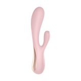 Lys rosa Satisfyer Mono Flex rabbitvibrator i silikon med dobbel stimulering og gullfarget detalj.