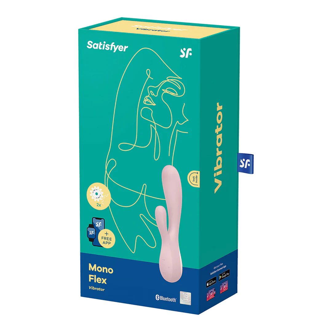 Satisfyer Mono Flex rabbitvibrator i lys rosa silikon, vist i sin turkise og gule emballasje med app-kontroll.