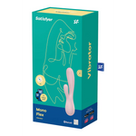 Satisfyer Mono Flex rabbitvibrator i lys rosa silikon, vist i sin turkise og gule emballasje med app-kontroll.