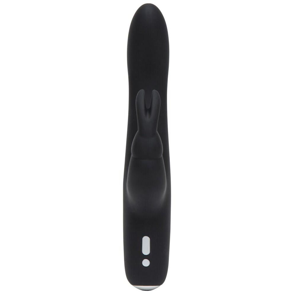 Greedy Girl Slimline Rabbit Vibrator i svart, glatt silikon med buet form og kaninører.