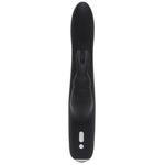 Greedy Girl Slimline Rabbit Vibrator i svart, glatt silikon med buet form og kaninører.