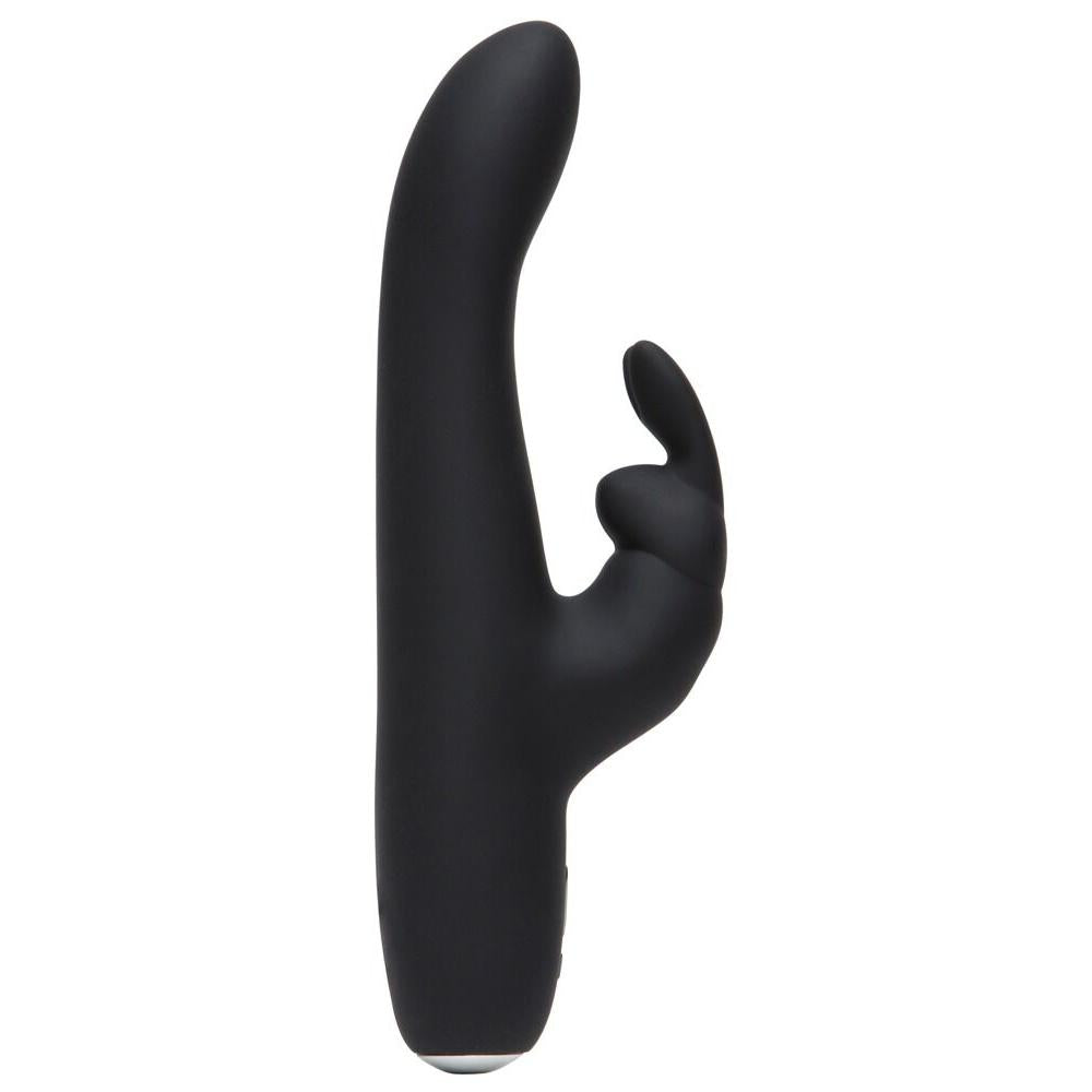 Greedy Girl Slimline Rabbit Vibrator i svart, glatt silikon med buet form og kaninører.