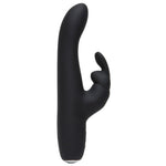 Greedy Girl Slimline Rabbit Vibrator i svart, glatt silikon med buet form og kaninører.