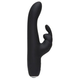Greedy Girl Slimline Rabbit Vibrator i svart, glatt silikon med buet form og kaninører.