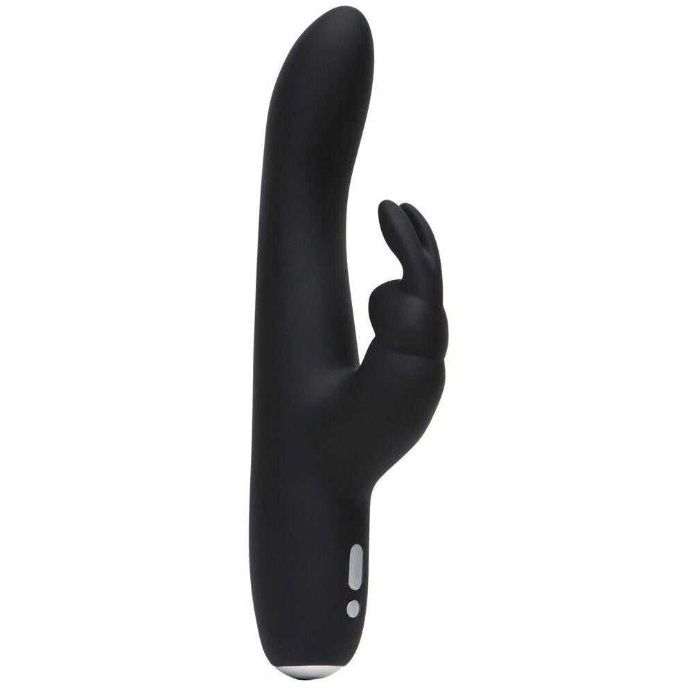 Greedy Girl Slimline Rabbit Vibrator i svart, glatt silikon med buet form og kaninører.
