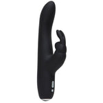 Greedy Girl Slimline Rabbit Vibrator i svart, glatt silikon med buet form og kaninører.