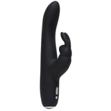 Greedy Girl Slimline Rabbit Vibrator i svart, glatt silikon med buet form og kaninører.