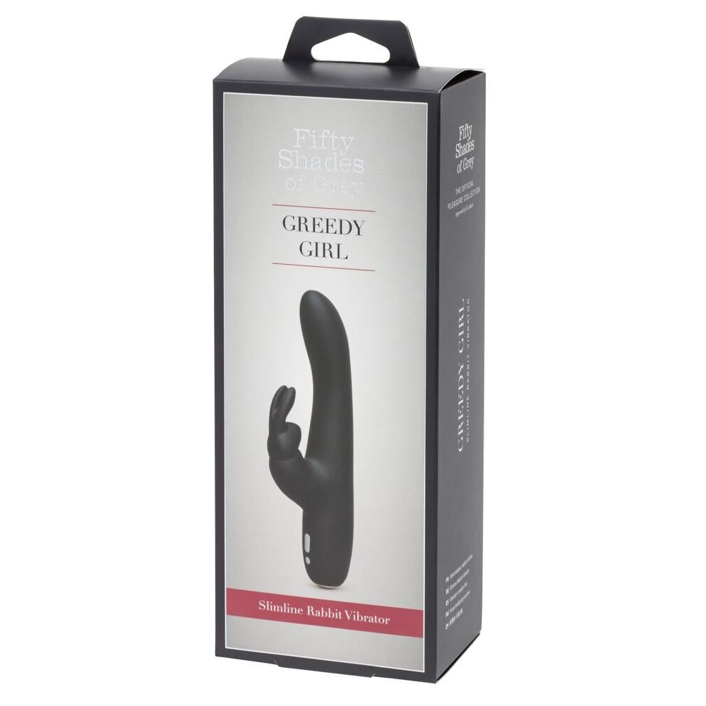 Greedy Girl Slimline Rabbit Vibrator i svart silikon, vist i sin Fifty Shades of Grey-emballasje.