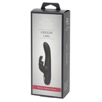 Greedy Girl Slimline Rabbit Vibrator i svart silikon, vist i sin Fifty Shades of Grey-emballasje.