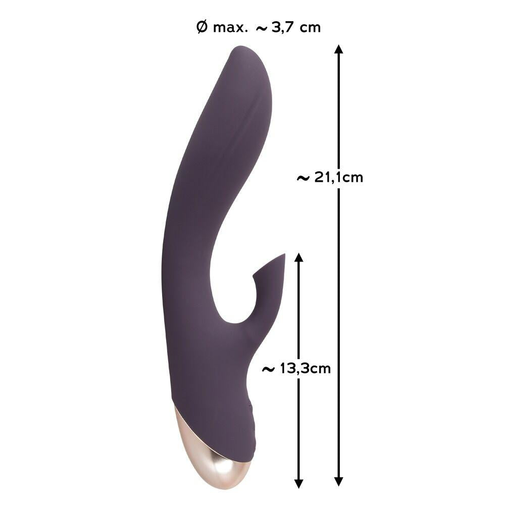 Lilla silikon Javida rabbitvibrator med klitorissuger og G-punktstimulator, ca. 21,1 cm lang.