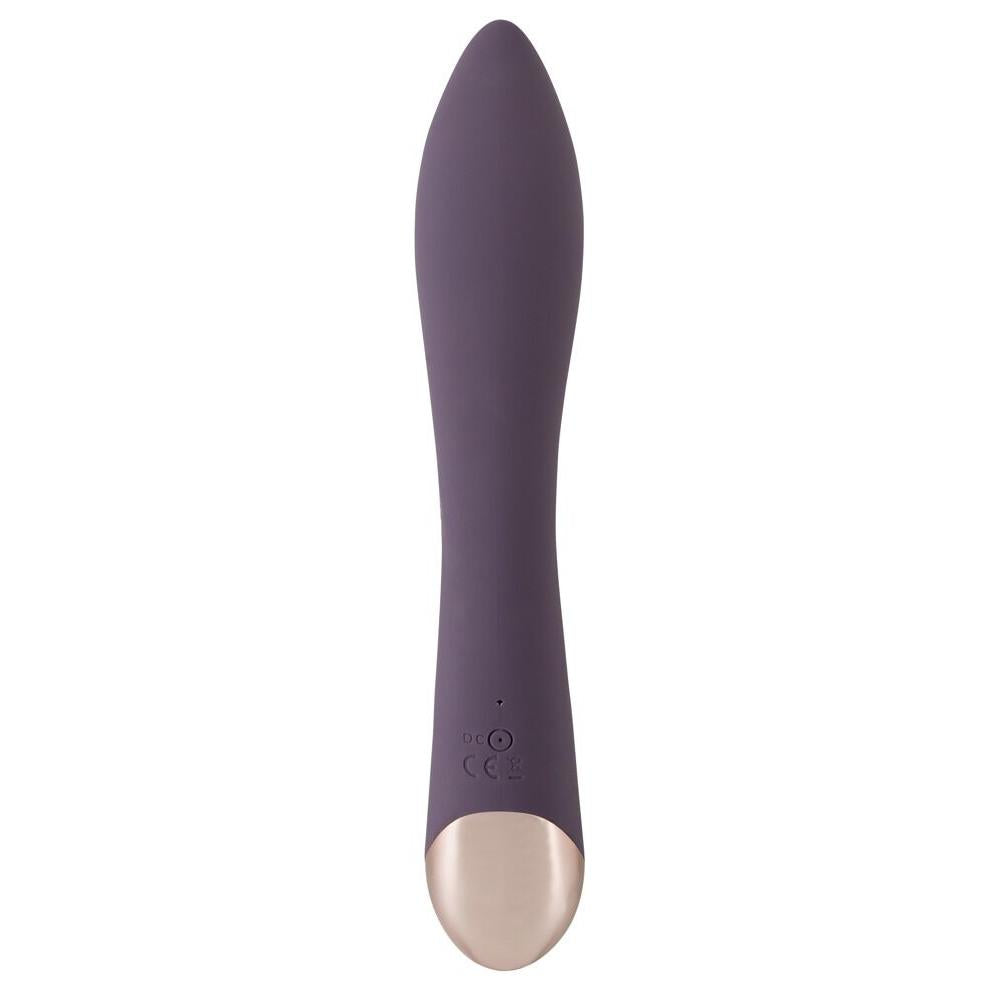 Lilla silikon G-punktvibrator med buet skaft og rosegull base.