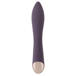 Lilla silikon G-punktvibrator med buet skaft og rosegull base.
