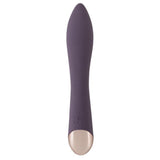 Lilla silikon G-punktvibrator med buet skaft og rosegull base.