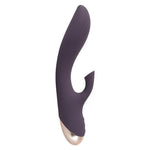 Mørk lilla silikon klitorissuger og G-punktvibrator med buet skaft og gullfarget base.