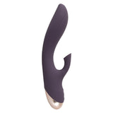 Mørk lilla silikon klitorissuger og G-punktvibrator med buet skaft og gullfarget base.