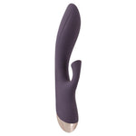 Lilla silikon rabbitvibrator med klitorissuger og G-punktstimulator, buet design og gullfarget base.