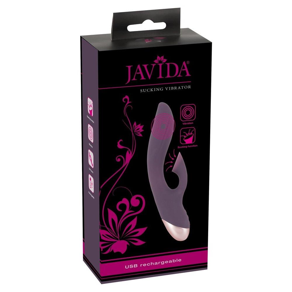Javida klitorissuger og G-punktvibrator i lilla silikon med metallisk base, vist i svart og rosa eske.