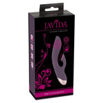 Javida klitorissuger og G-punktvibrator i lilla silikon med metallisk base, vist i svart og rosa eske.