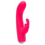 HappyRabbit Mini Rabbitvibrator i knallrosa silikon med buet tupp og kaninører.