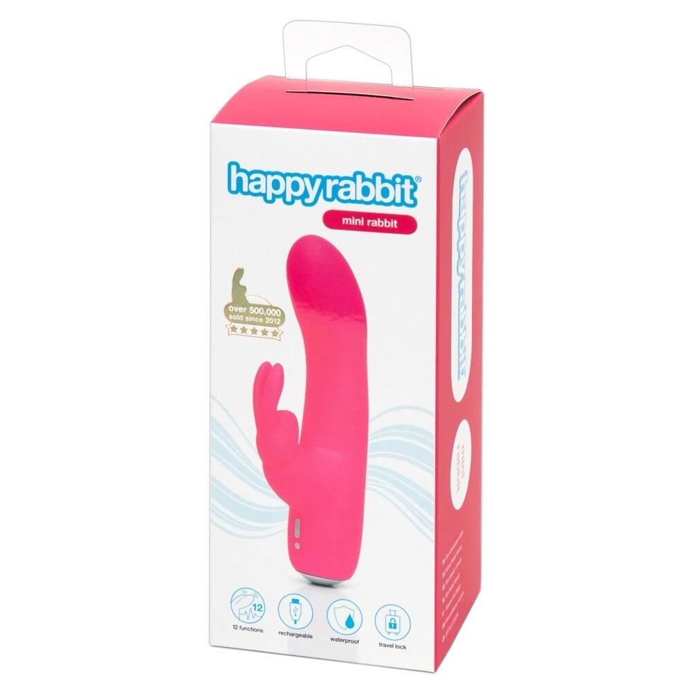 HappyRabbit Mini Rabbitvibrator i rosa silikon med buet tupp og kaninører, vist i esken.