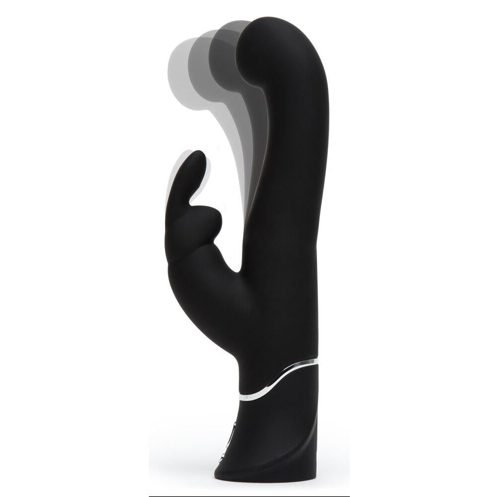 Svart silikon G-punkt og klitoris vibrator med kaninører og sølvdetaljer, viser pulserende bevegelse.