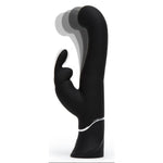 Svart silikon G-punkt og klitoris vibrator med kaninører og sølvdetaljer, viser pulserende bevegelse.