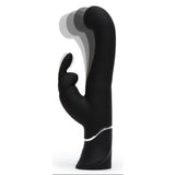 Svart silikon G-punkt og klitoris vibrator med kaninører og sølvdetaljer, viser pulserende bevegelse.