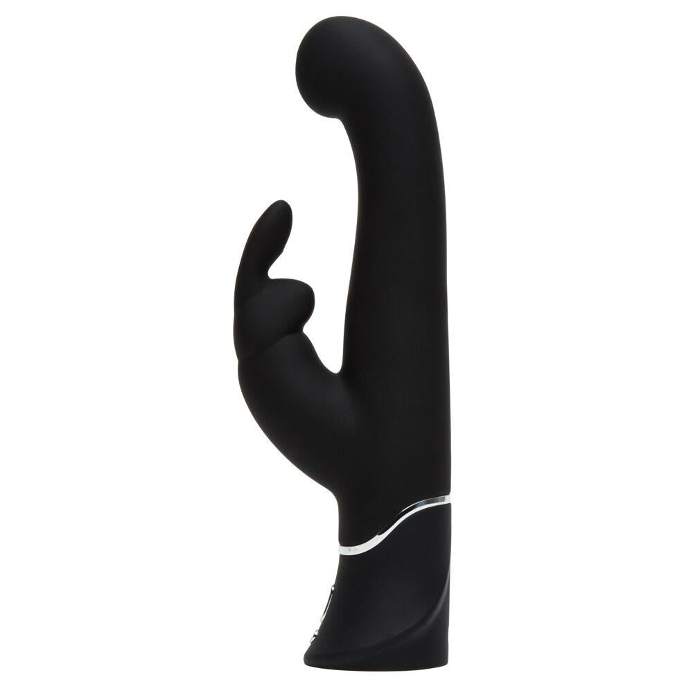 Svart, silkemyk silikon G-punkt og klitoris vibrator med kaninører og sølvdetaljer.