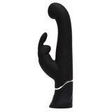 Svart, silkemyk silikon G-punkt og klitoris vibrator med kaninører og sølvdetaljer.