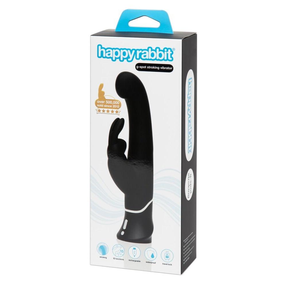 Svart HappyRabbit G-punkt og klitorisvibrator i eske, med kaninører og sølvdetaljer.