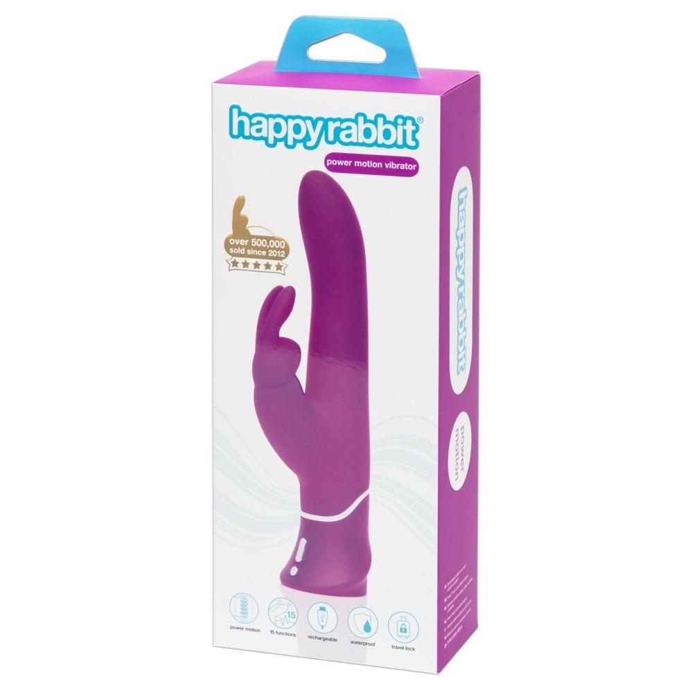 Lilla HappyRabbit Power Motion rabbitvibrator i silikon med buet skaft og klitorisstimulator, vist foran esken.