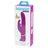 Lilla HappyRabbit Power Motion rabbitvibrator i silikon med buet skaft og klitorisstimulator, vist foran esken.