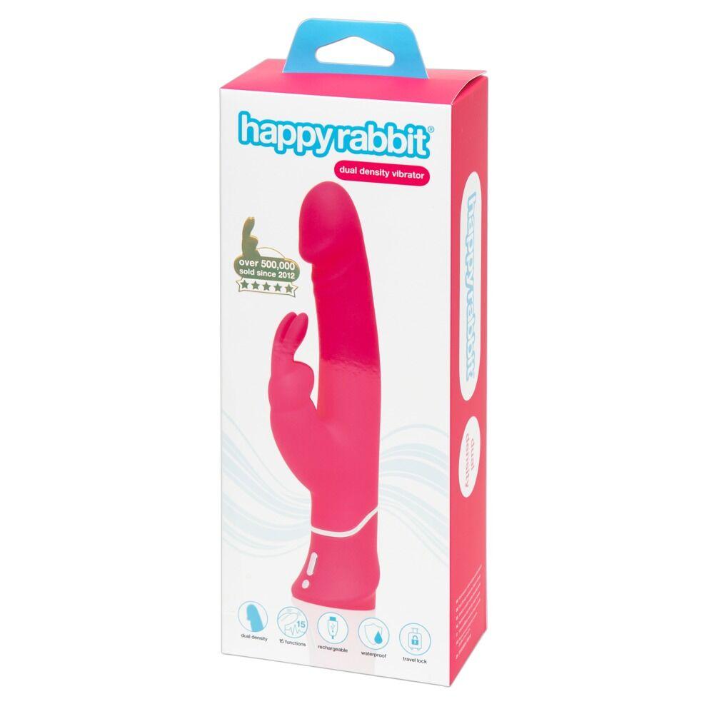 HappyRabbit dual density rabbit vibrator in pink silicone, shown in its retail box.