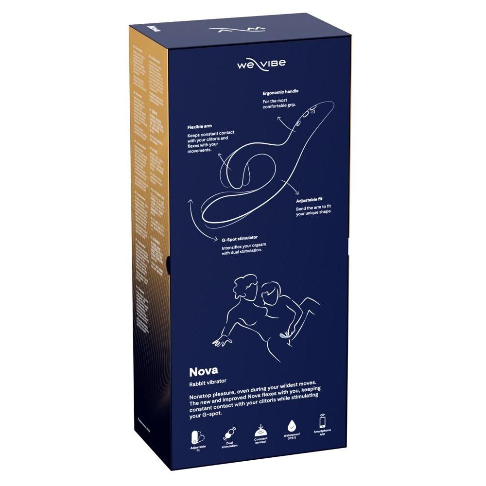 Dyp blå We-Vibe Nova 2 rabbitvibrator-eske med produktillustrasjoner og funksjonsbeskrivelser.
