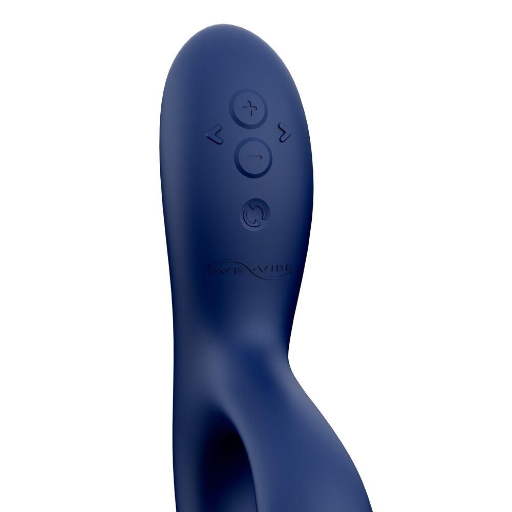 Dyp blå We-Vibe Nova 2 rabbitvibrator i silikon med kontrollknapper og logo.