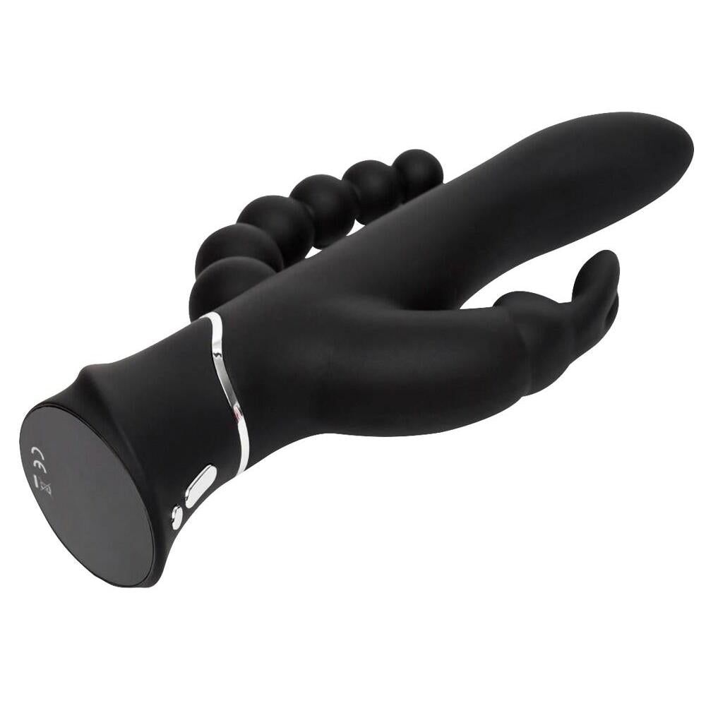 Svart silikon HappyRabbit Triple Curve vibrator med buet stav, kaninører og analkuler.