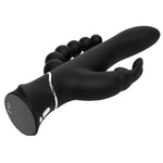 Svart silikon HappyRabbit Triple Curve vibrator med buet stav, kaninører og analkuler.