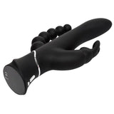 Svart silikon HappyRabbit Triple Curve vibrator med buet stav, kaninører og analkuler.