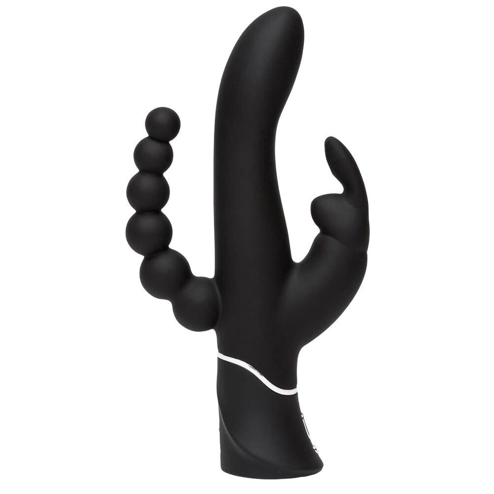 Svart HappyRabbit Triple Curve vibrator med buet stav, kaninører og analkuler i silikon.